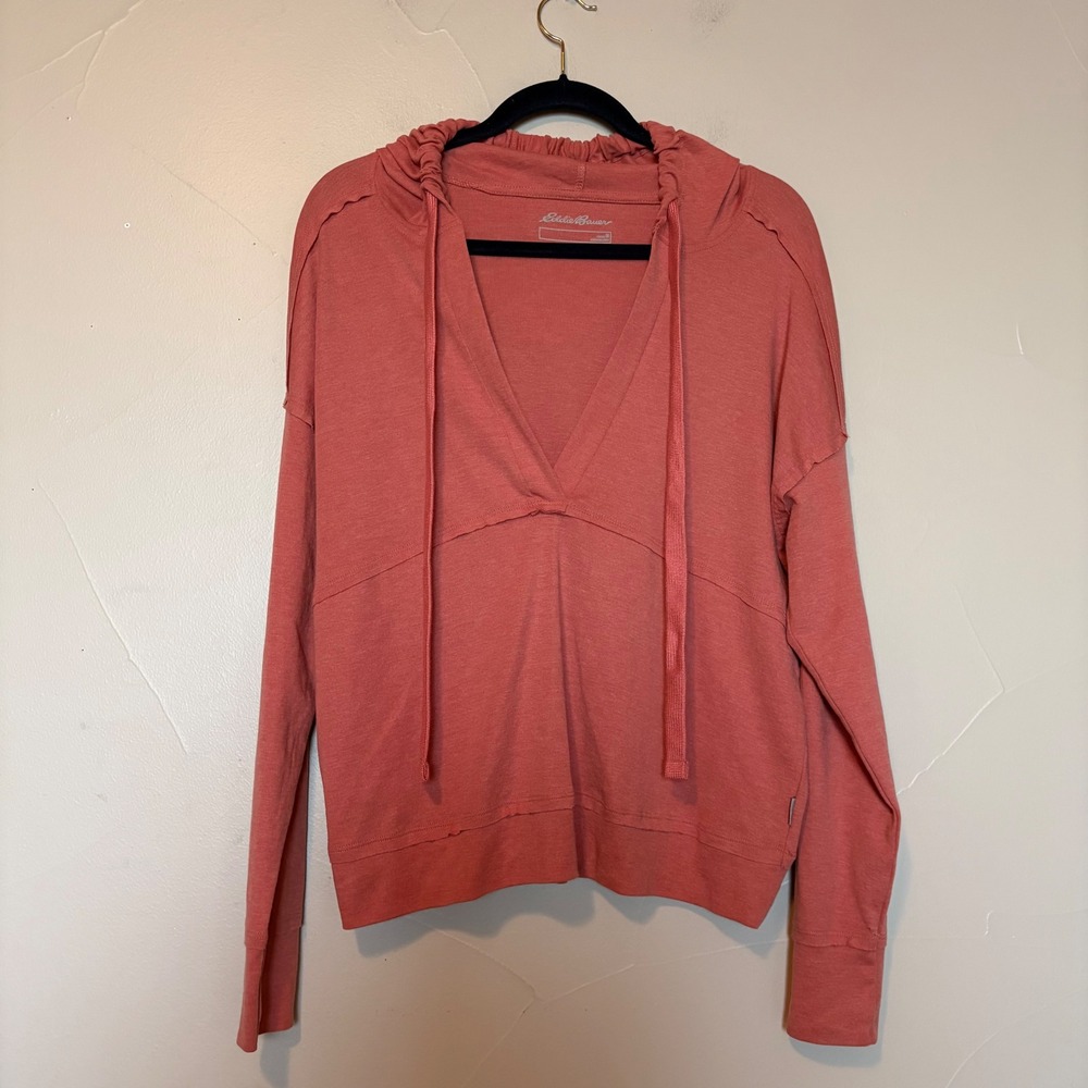 Eddie Bauer Deep V-Neck Pullover Hoodie Sweatshirt Size M Light Weight T-Shirt